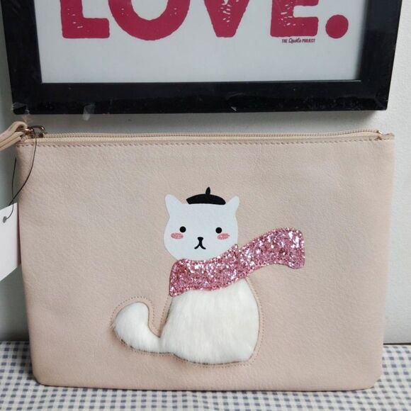 LC Lauren Condrad Peach French Kitty Wristlet  Pouch Make Up Bag NWT - Picture 11 of 15